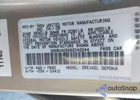 2009 Toyota Corolla Le from USA, damaged, VIN 1NXBU40E69Z042044